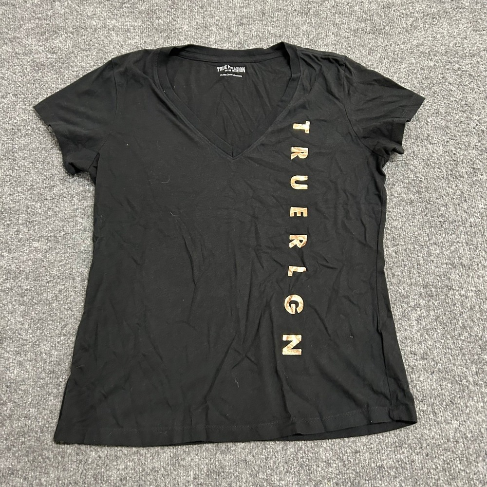 True Religion T-Shirt Womens Size 2XL Black Rose Gold Foil Logo V-Neck Cotton